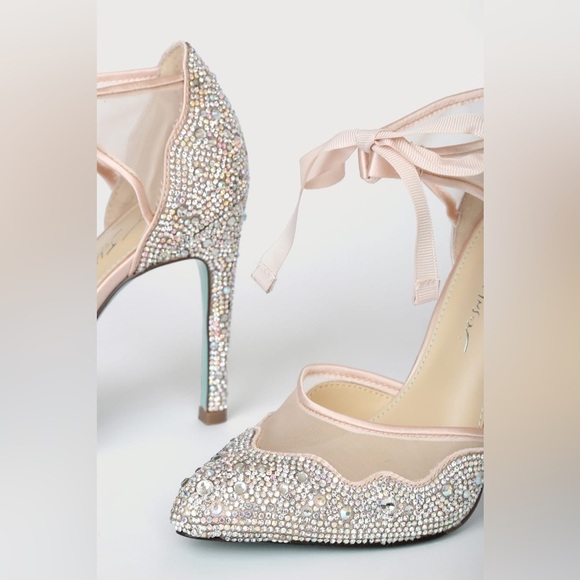 Betsey Johnson Iris Champagne Rhinestone Ankle Strap Stiletto Heels Pumps New - Picture 3 of 14